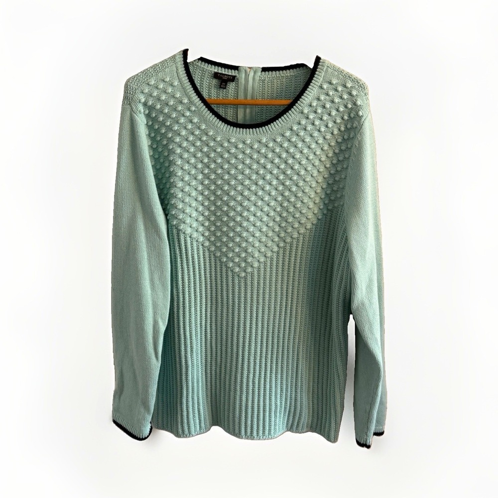 Talbots Womens Plus 2X Cotton Knit Teal Crew Neck Long Sleeve Full Zip Sweater